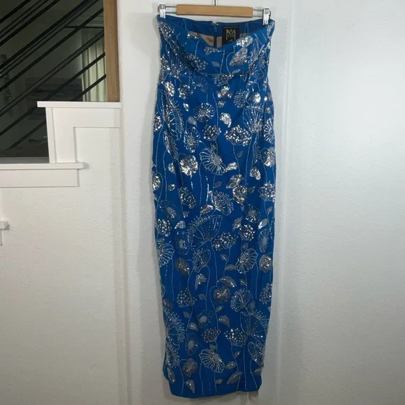 Milly Orion Sequin Embellished Linen Strapless Blue Floral Dress